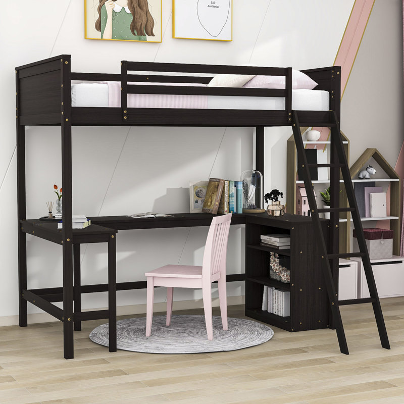 Harriet Bee Wood Loft Bed With Desk And Shelves & Reviews | Wayfair